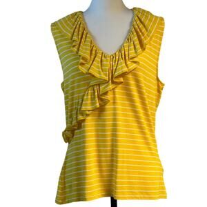 Lauren Ralph Lauren Girly V-Neck Ruffle Front Stripe Top Women XL Butter Yellow